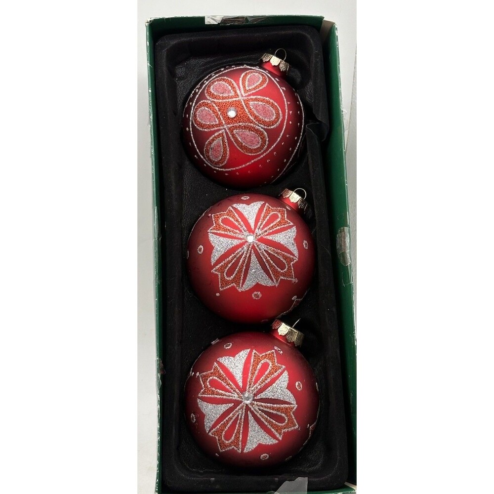 North Pole Trading Co Glass Ornaments Set 3 Red Silver Glitter Christmas 4”